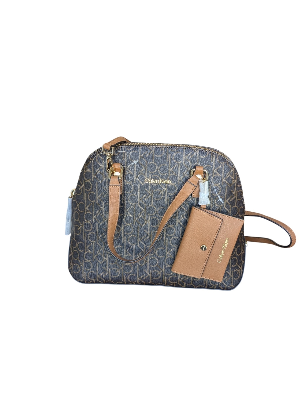 Calvin Klein Brown Monogram Dome Satchel with Light Brown Accents